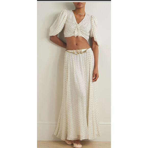 CHLOE Gathered Metallic Polka Dot Silk Blend Maxi Skirt in Snow White FR 38 - Picture 2 of 10